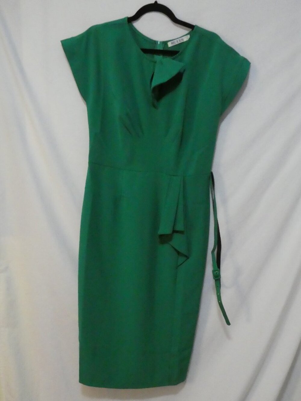 MUXXN Emerald Green 1950s Style Ruffle Detail Pencil Dress With Belt - Size 10